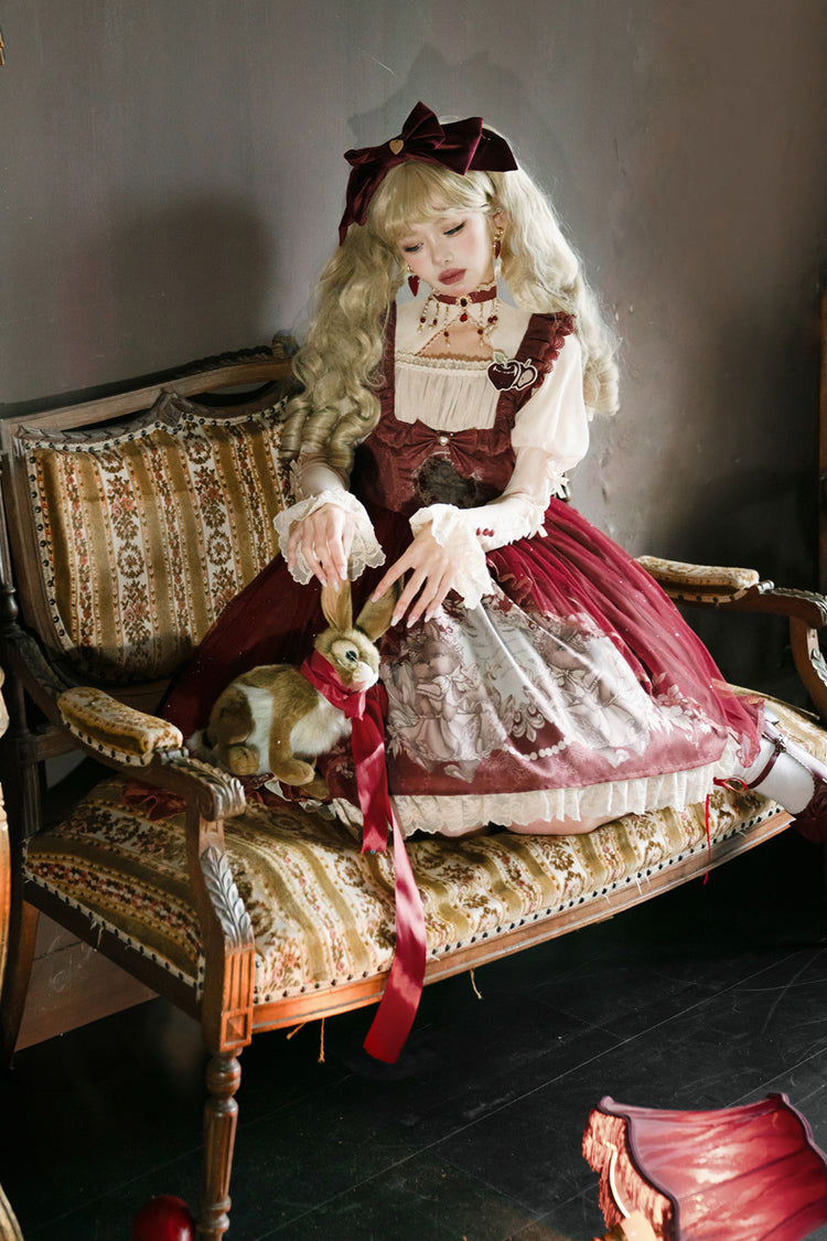 Lolita Jumper Skirt - Bunny Tea Party Print, Red, Bow Detail, Ruffled, Printed - additional product view 10