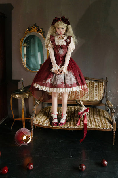 Lolita Jumper Skirt - Bunny Tea Party Print, Red, Bow Detail, Ruffled, Printed - additional product view 11