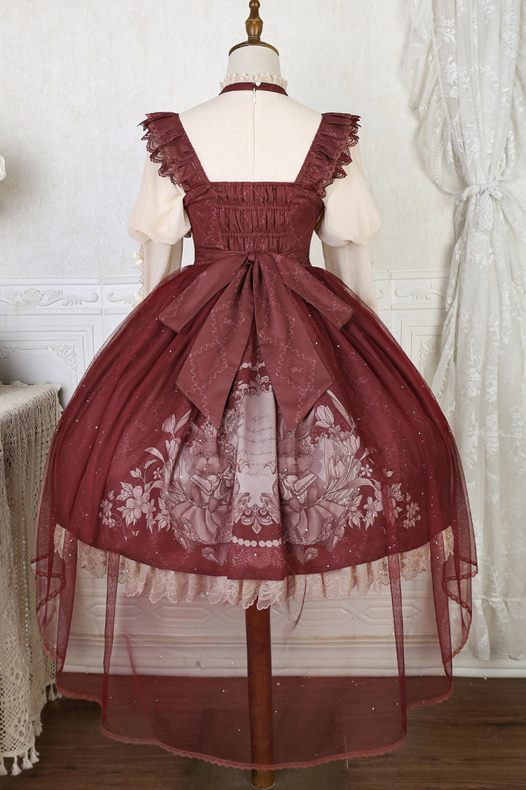 Lolita Jumper Skirt - Bunny Tea Party Print, Red, Bow Detail, Ruffled, Printed - additional product view 13