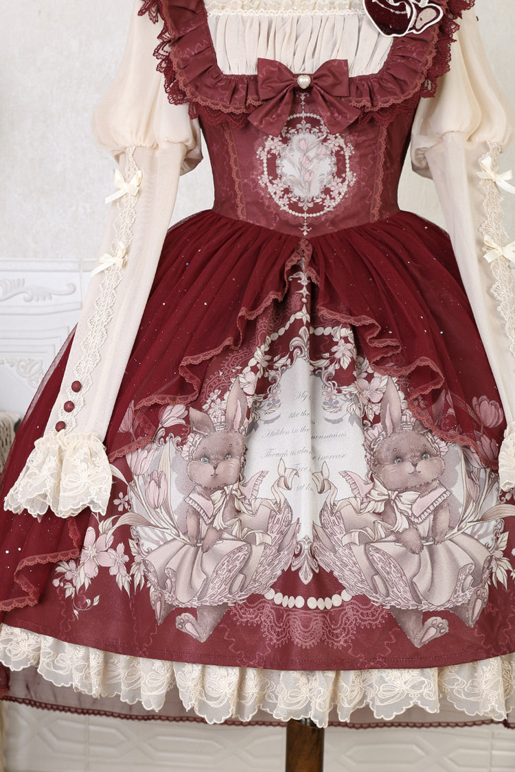 Lolita Jumper Skirt - Bunny Tea Party Print, Red, Bow Detail, Ruffled, Printed - additional product view 14