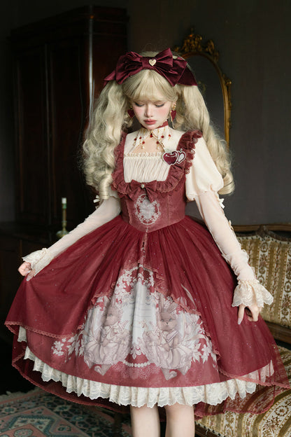 Lolita Jumper Skirt - Bunny Tea Party Print, Red, Bow Detail, Ruffled, Printed - main product image