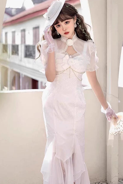 Lolita Jumper Skirt - Camellia 1.0, White, Fishtail Silhouette, Lace Trim, Ruffled - additional product view 2