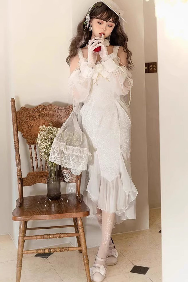Lolita Jumper Skirt - Camellia 1.0, White, Fishtail Silhouette, Lace Trim, Ruffled - additional product view 3