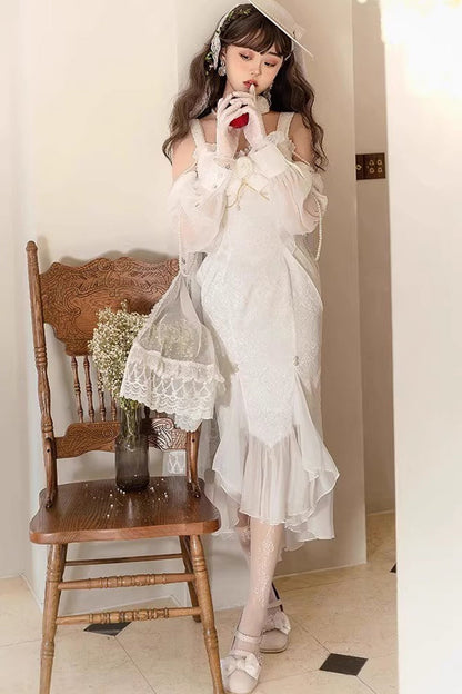 Lolita Jumper Skirt - Camellia 1.0, White, Fishtail Silhouette, Lace Trim, Ruffled - additional product view 3
