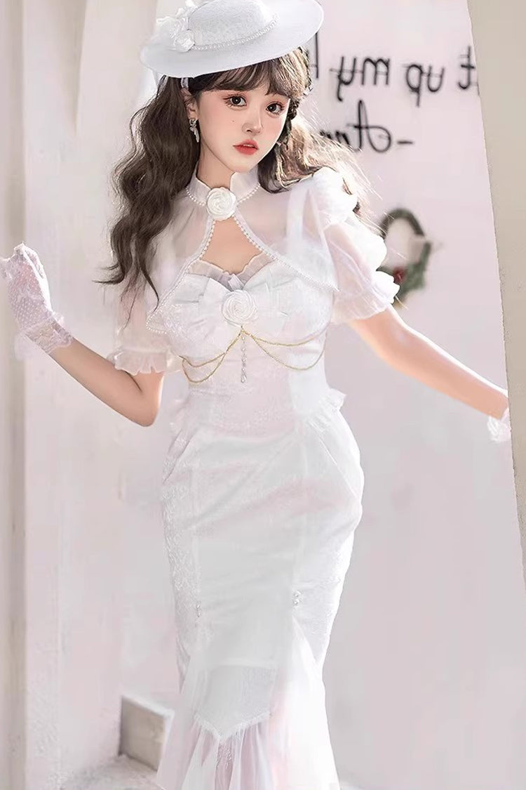 Lolita Jumper Skirt - Camellia 1.0, White, Fishtail Silhouette, Lace Trim, Ruffled - additional product view 4
