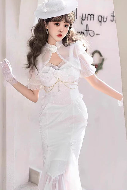 Lolita Jumper Skirt - Camellia 1.0, White, Fishtail Silhouette, Lace Trim, Ruffled - additional product view 4