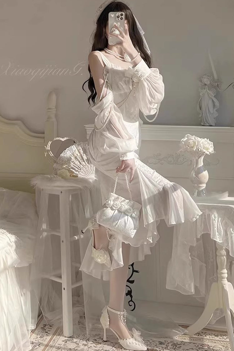 Lolita Jumper Skirt - Camellia 1.0, White, Fishtail Silhouette, Lace Trim, Ruffled - additional product view 7