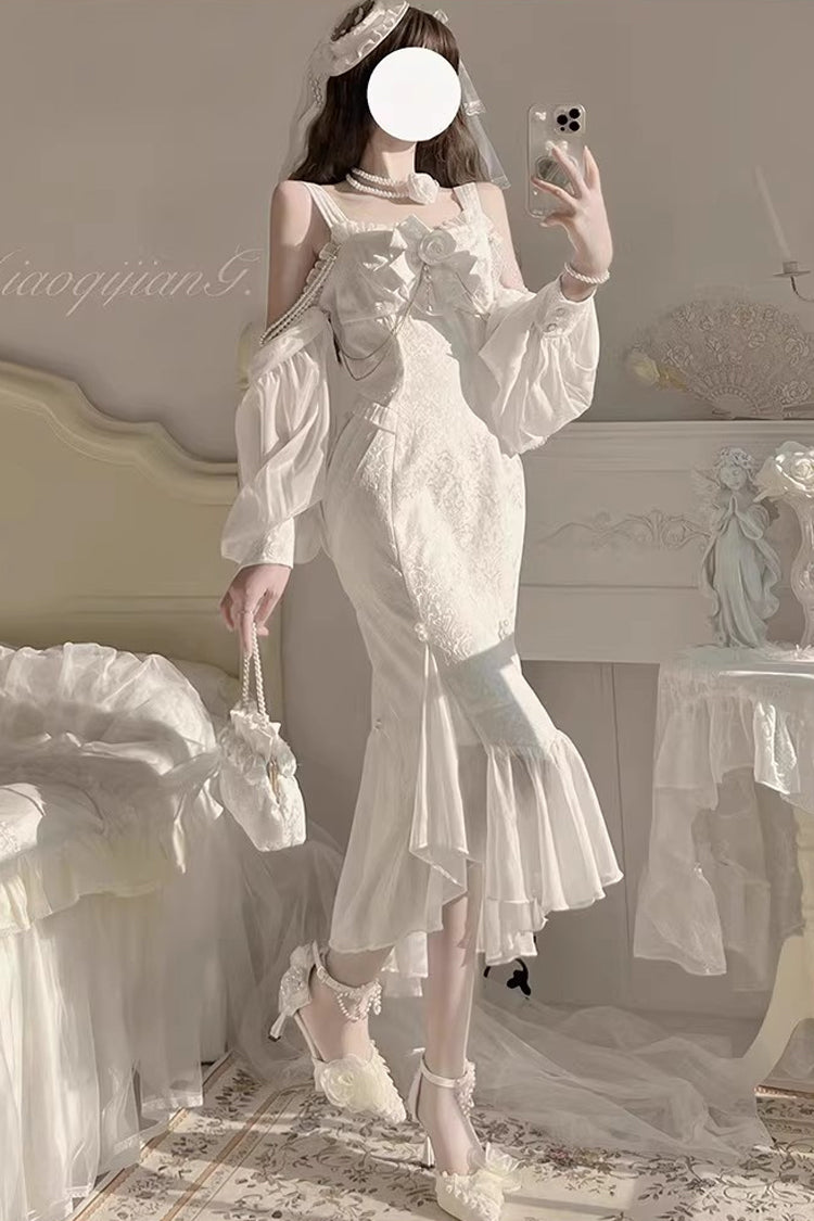 Lolita Jumper Skirt - Camellia 1.0, White, Fishtail Silhouette, Lace Trim, Ruffled - additional product view 10