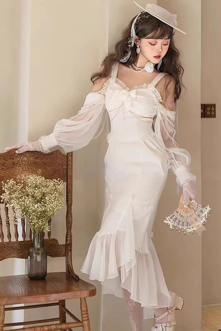 Lolita Jumper Skirt - Camellia 1.0, White, Fishtail Silhouette, Lace Trim, Ruffled - main product image