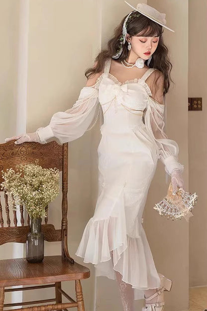 Lolita Jumper Skirt - Camellia 1.0, White, Fishtail Silhouette, Lace Trim, Ruffled - main product image