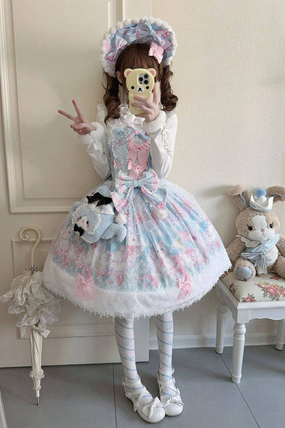 Lolita Jumper Skirt - Candy Mary Cat, Blue, Lace Trim, Ruffled, Printed - main product image