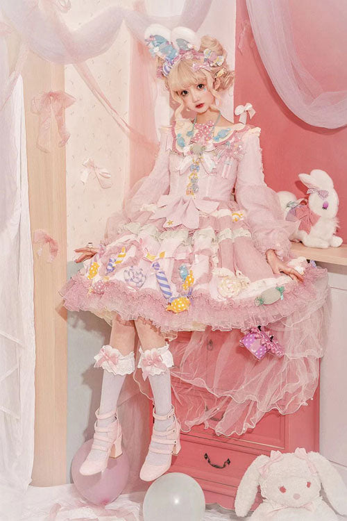 Lolita Jumper Skirt - Candy Party, Pink, Bow Detail, Lace Trim, Ruffled - additional product view 2