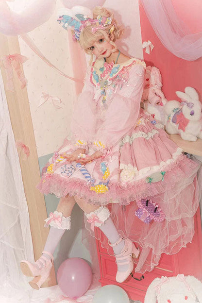 Lolita Jumper Skirt - Candy Party, Pink, Bow Detail, Lace Trim, Ruffled - additional product view 3