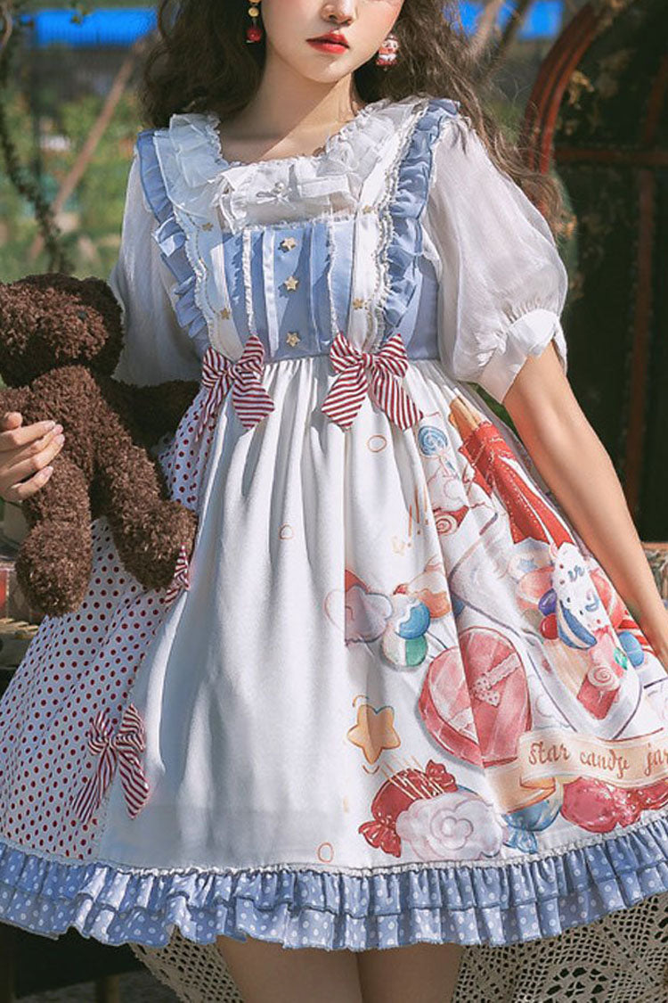 Lolita Jumper Skirt - Candy Print Star Buttons, 2 Colors, Sweet Style, Printed - S blue / M blue / L blue option