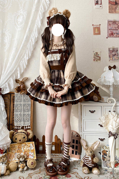 Lolita Jumper Skirt - Caramel Cocoa, Brown, Bow Detail, Ruffled, Printed - additional product view 5