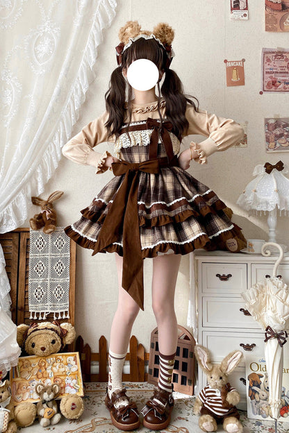 Lolita Jumper Skirt - Caramel Cocoa, Brown, Bow Detail, Ruffled, Printed - additional product view 7