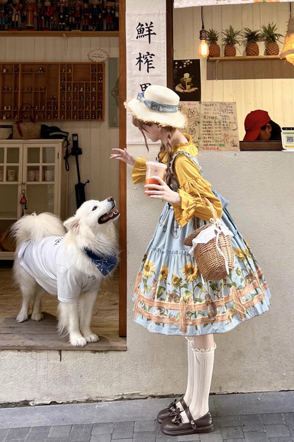 Lolita Jumper Skirt - Cat And Sunflower Print, 2 Colors, Sweet Style, Bow Detail, Printed - additional product view 4