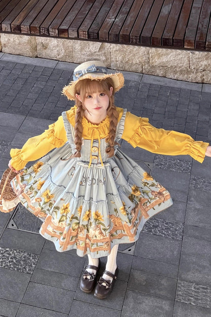 Lolita Jumper Skirt - Cat And Sunflower Print, 2 Colors, Sweet Style, Bow Detail, Printed - additional product view 6