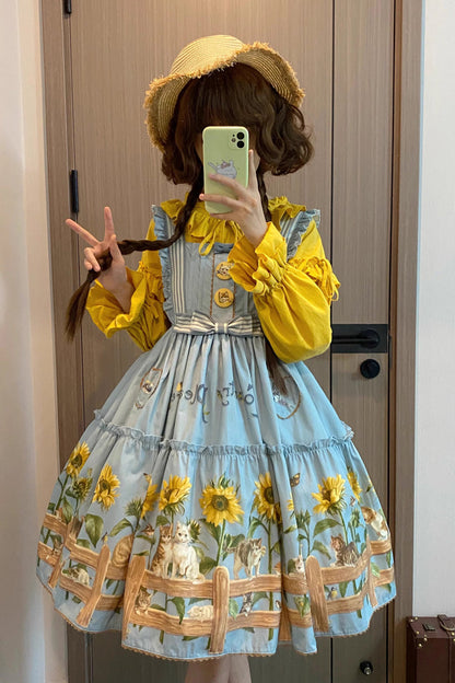 Lolita Jumper Skirt - Cat And Sunflower Print, 2 Colors, Sweet Style, Bow Detail, Printed - main product image