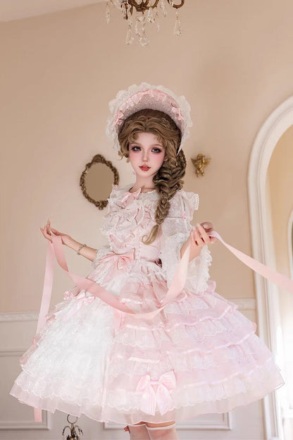 Lolita Jumper Skirt - Cherry Blossom Letter, Pink, Layered, Sweet Style, Bow Detail - additional product view 4