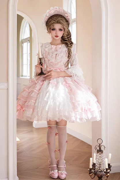 Lolita Jumper Skirt - Cherry Blossom Letter, Pink, Layered, Sweet Style, Bow Detail - main product image