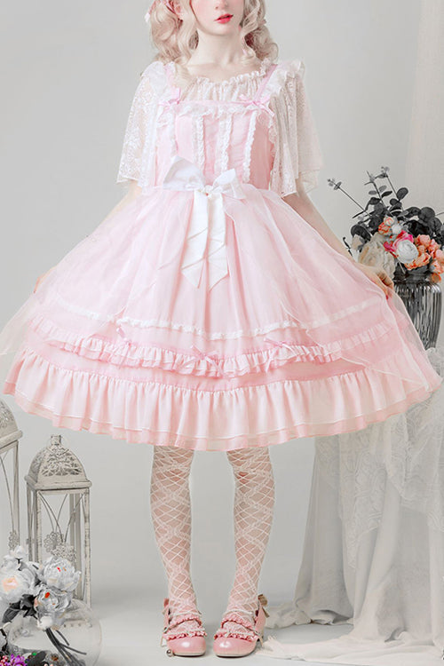 Lolita Jumper Skirt - Chiffon High Waist Multi-layer, Pink, Sweet Style, Ruffled - main product image