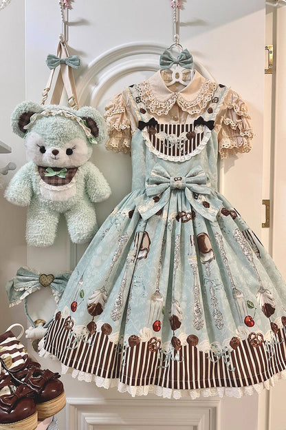 Lolita Jumper Skirt - Chocolate Cherry, Green, Bow Detail, Printed, Sweet Style - additional product view 3