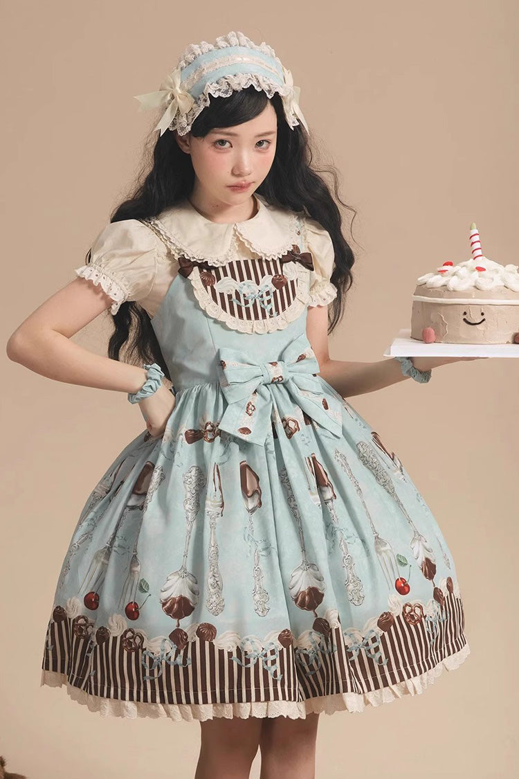 Lolita Jumper Skirt - Chocolate Cherry, Green, Bow Detail, Printed, Sweet Style - additional product view 4