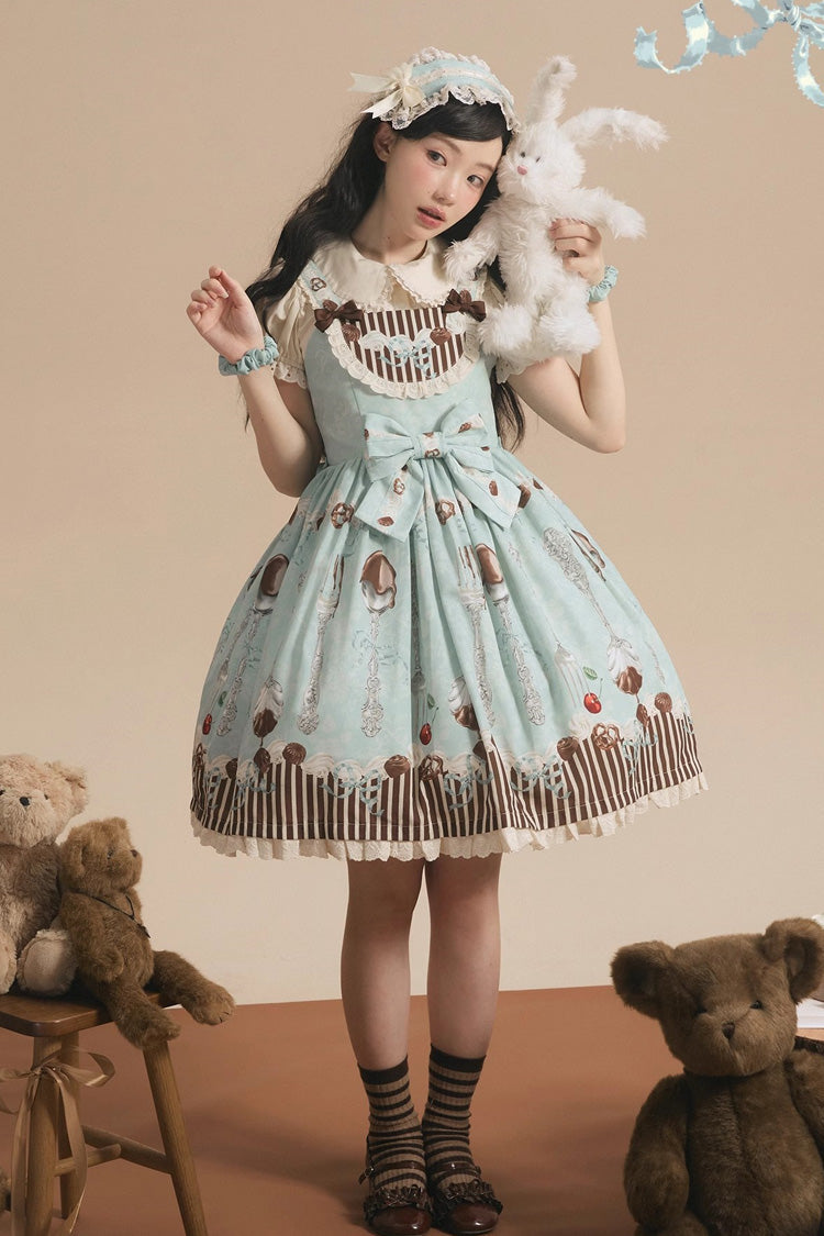 Lolita Jumper Skirt - Chocolate Cherry, Green, Bow Detail, Printed, Sweet Style - additional product view 5
