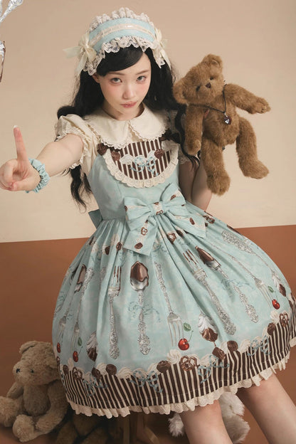 Lolita Jumper Skirt - Chocolate Cherry, Green, Bow Detail, Printed, Sweet Style - additional product view 6