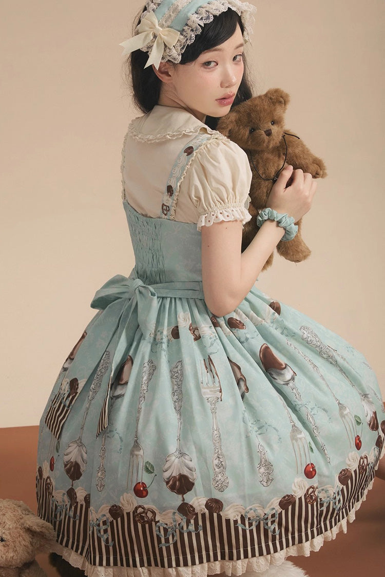 Lolita Jumper Skirt - Chocolate Cherry, Green, Bow Detail, Printed, Sweet Style - additional product view 7