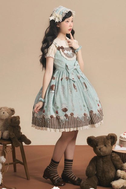 Lolita Jumper Skirt - Chocolate Cherry, Green, Bow Detail, Printed, Sweet Style - additional product view 8