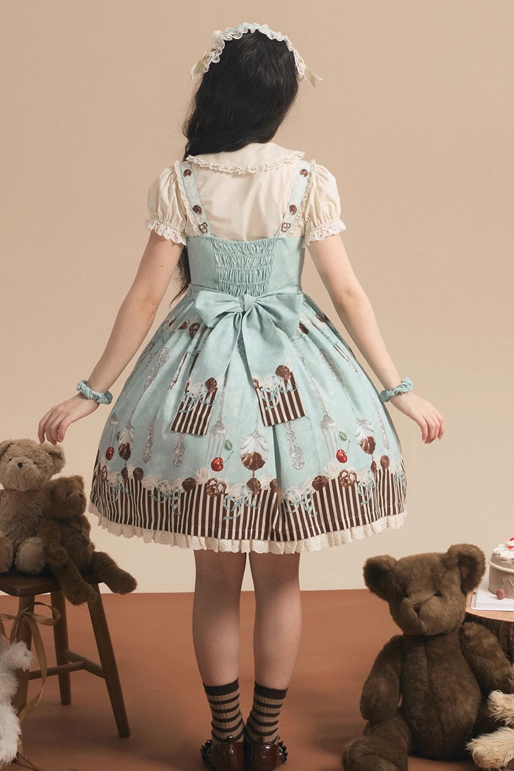 Lolita Jumper Skirt - Chocolate Cherry, Green, Bow Detail, Printed, Sweet Style - additional product view 9