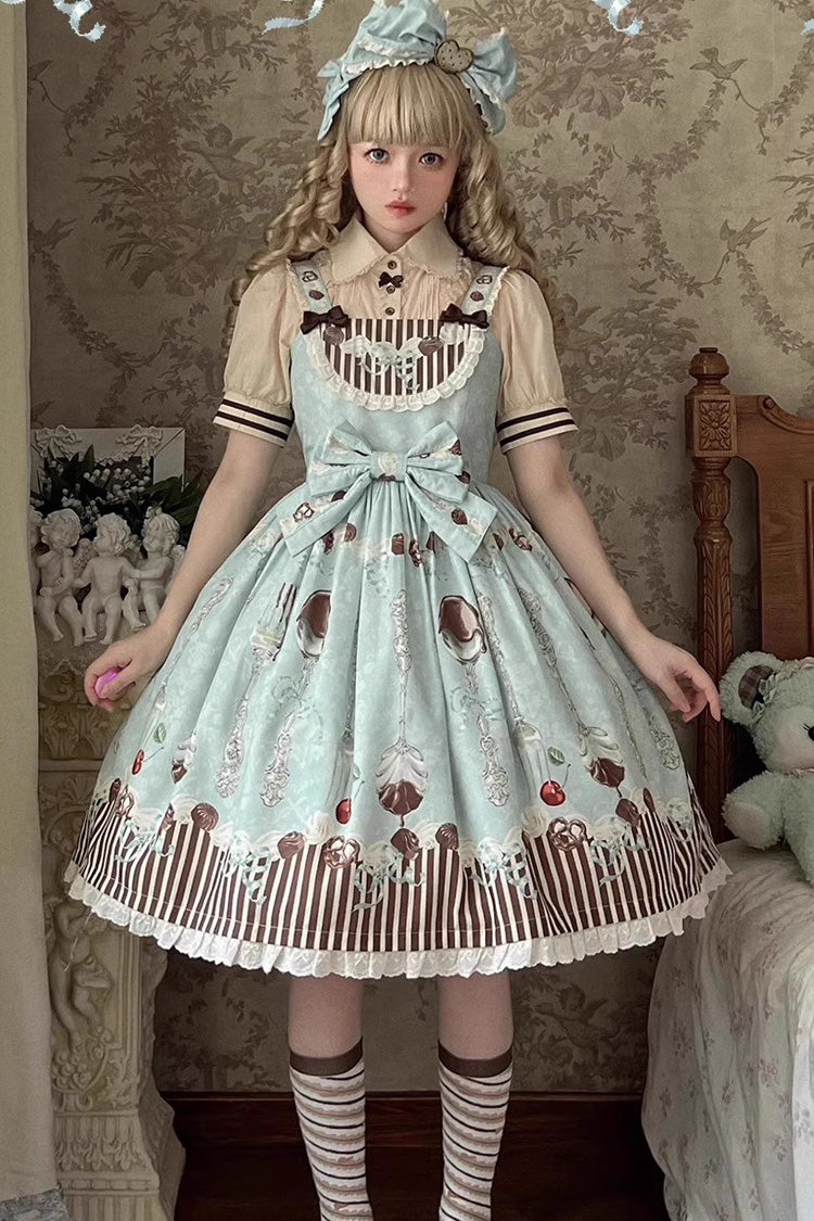 Lolita Jumper Skirt - Chocolate Cherry, Green, Bow Detail, Printed, Sweet Style - main product image