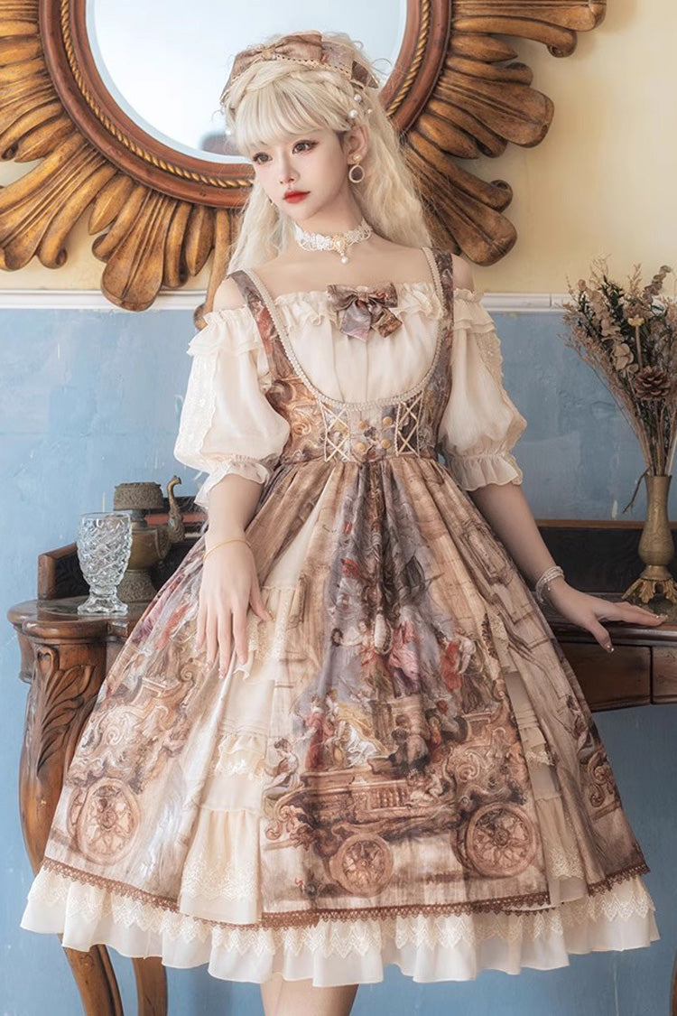 Lolita Jumper Skirt - Cloria, Brown, Sweet Style, Bow Detail, Lace Trim - main product image