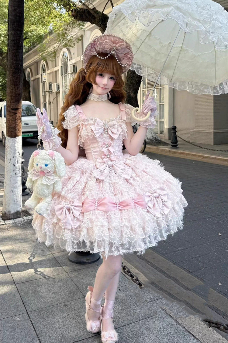 Lolita Jumper Skirt - Cloudborne Snowfeather, Pink, Bow Detail, Layered, Gothic Style - additional product view 2