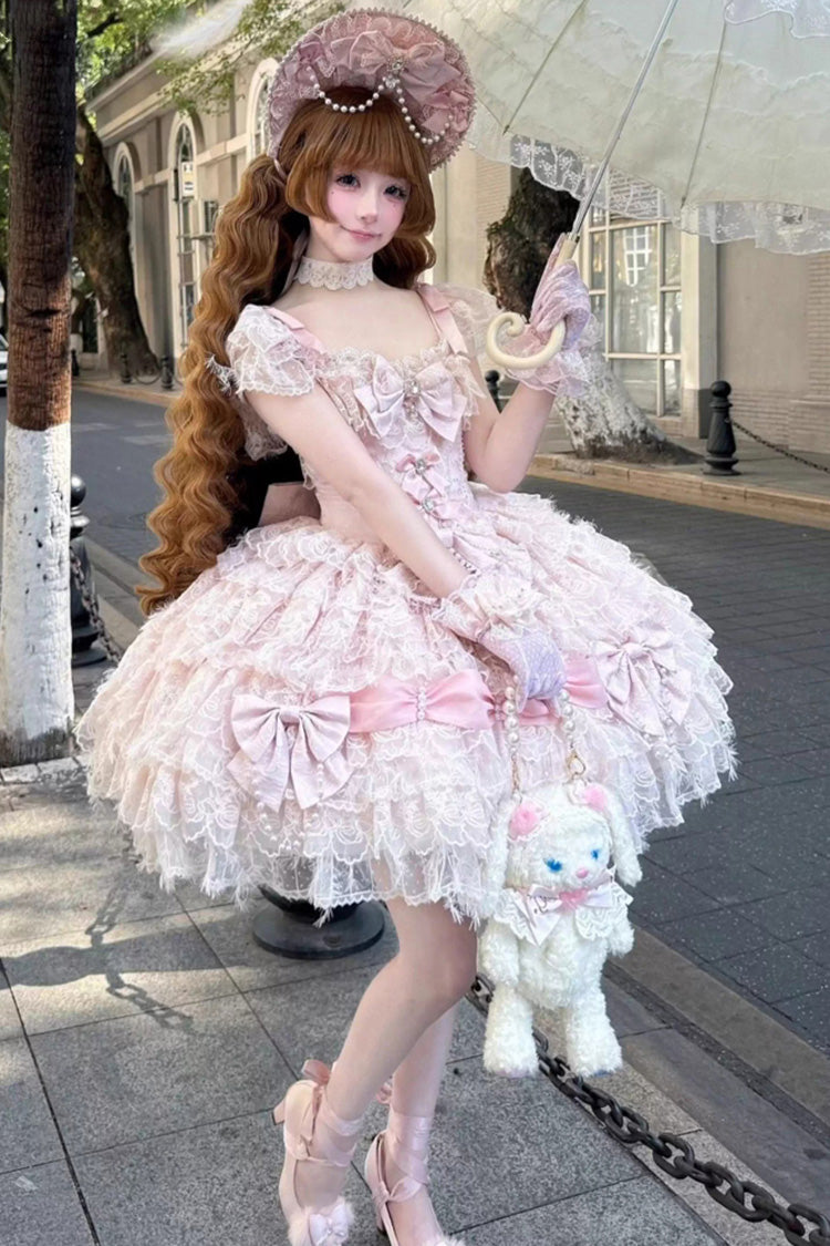 Lolita Jumper Skirt - Cloudborne Snowfeather, Pink, Bow Detail, Layered, Gothic Style - main product image