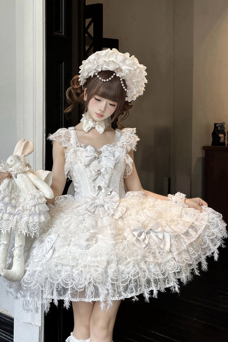 Lolita Jumper Skirt - Cloudborne Snowfeather, White, Layered, Gothic Style, Bow Detail - additional product view 2