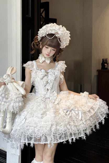 Lolita Jumper Skirt - Cloudborne Snowfeather, White, Layered, Gothic Style, Bow Detail - additional product view 2