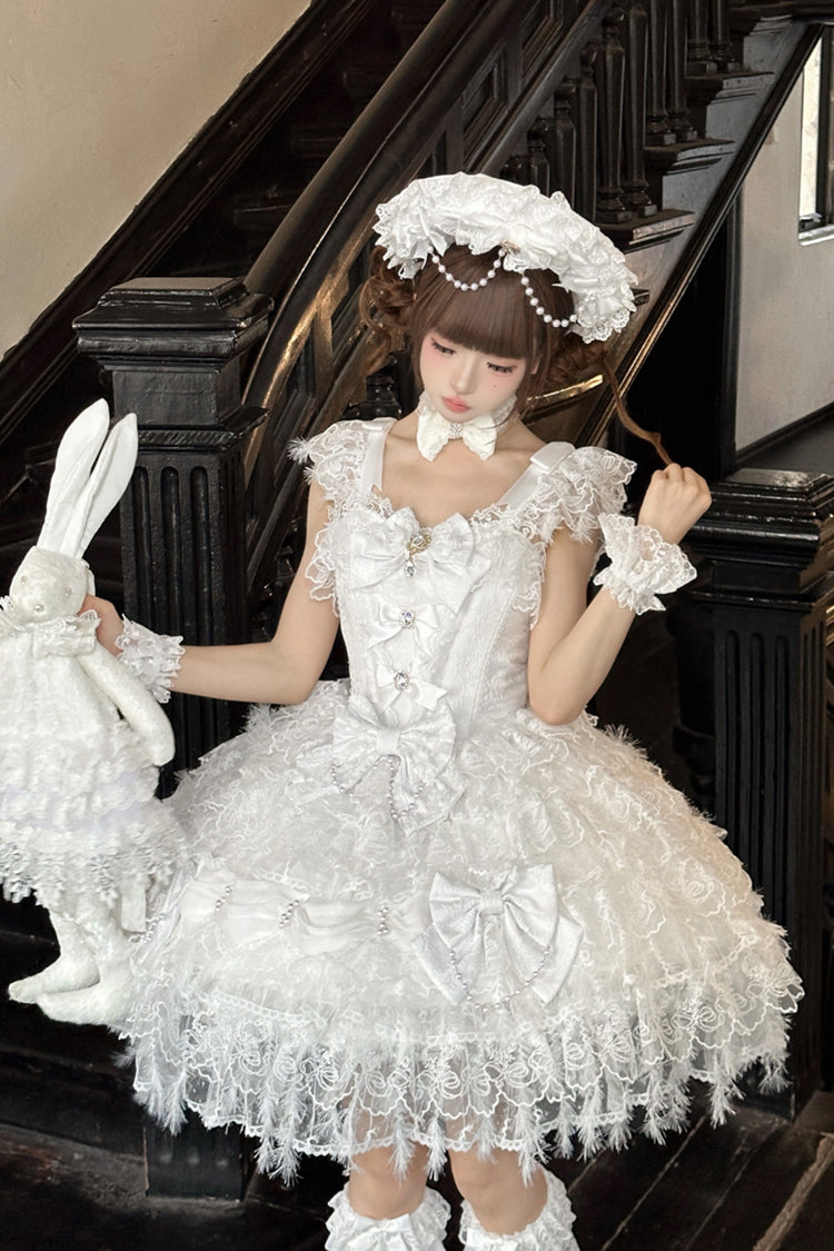 Lolita Jumper Skirt - Cloudborne Snowfeather, White, Layered, Gothic Style, Bow Detail - additional product view 3