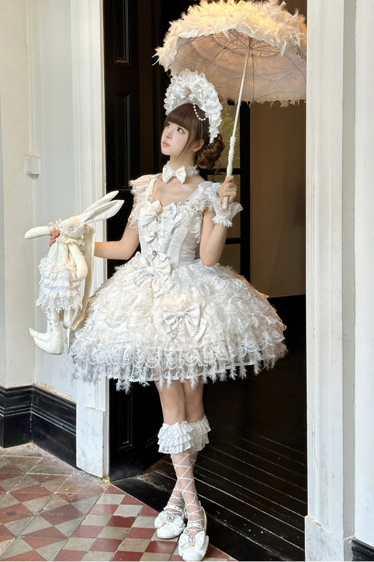 Lolita Jumper Skirt - Cloudborne Snowfeather, White, Layered, Gothic Style, Bow Detail - additional product view 4