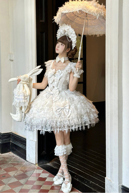 Lolita Jumper Skirt - Cloudborne Snowfeather, White, Layered, Gothic Style, Bow Detail - additional product view 4