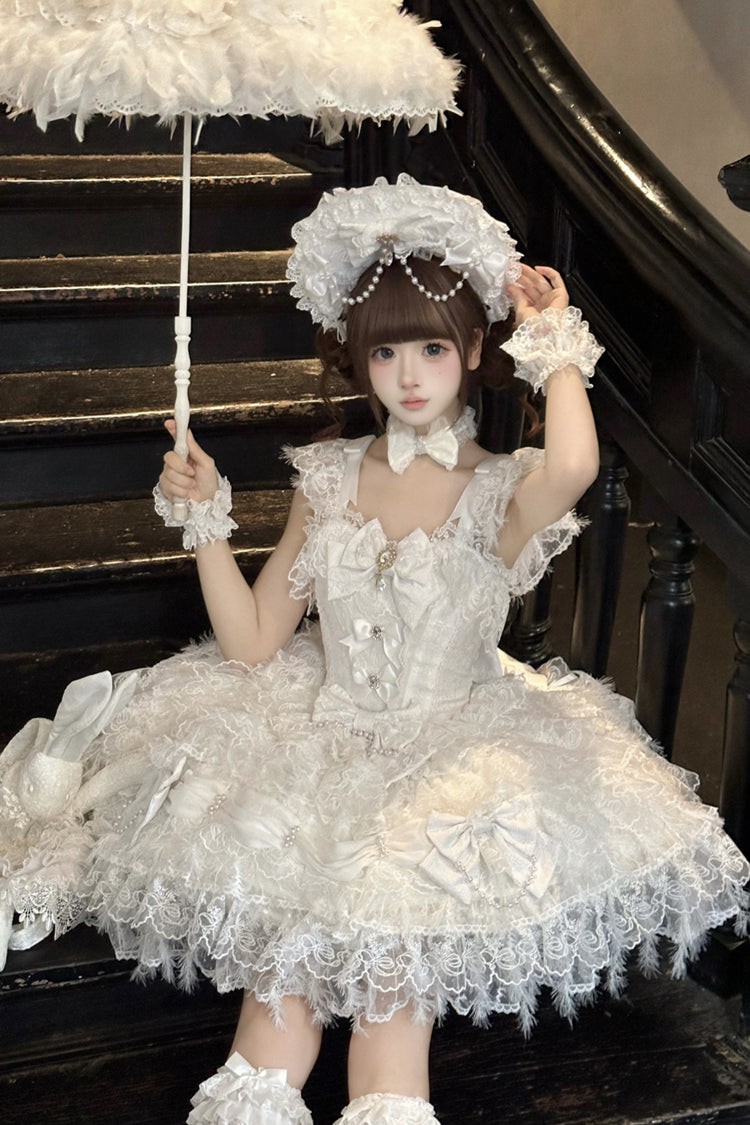 Lolita Jumper Skirt - Cloudborne Snowfeather, White, Layered, Gothic Style, Bow Detail - additional product view 6