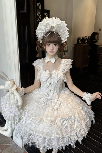Lolita Jumper Skirt - Cloudborne Snowfeather, White, Layered, Gothic Style, Bow Detail - main product image