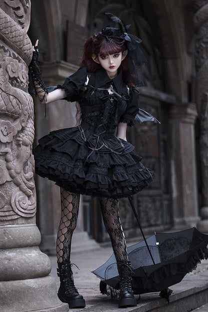 Lolita Jumper Skirt - Covenant Cross, 6 Colors, Layered, Lace-Up, Cross Detail - main product image