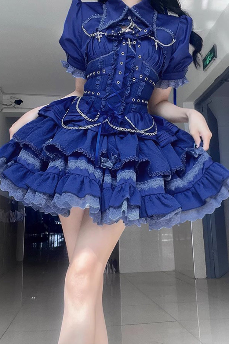 Lolita Jumper Skirt - Covenant Cross, 6 Colors, Layered, Lace-Up, Cross Detail - S Blue / M Blue / L Blue option