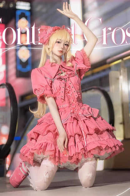 Lolita Jumper Skirt - Covenant Cross, 6 Colors, Layered, Lace-Up, Cross Detail - S Pink / M Pink / L Pink option