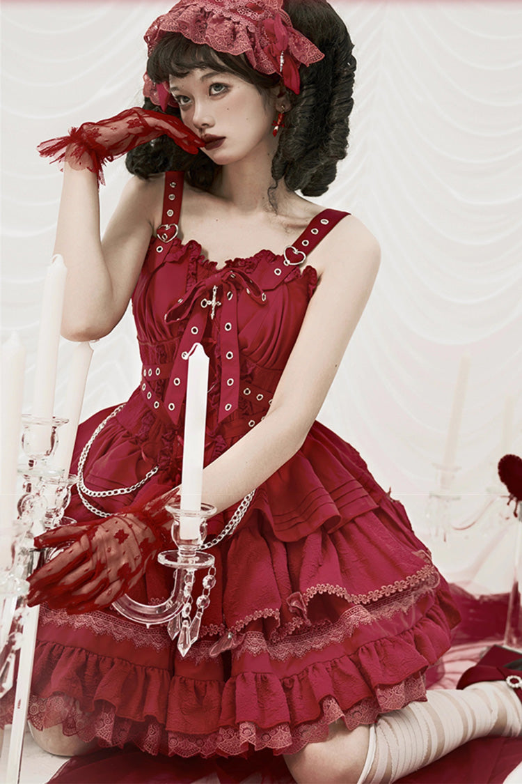 Lolita Jumper Skirt - Covenant Cross, 6 Colors, Layered, Lace-Up, Cross Detail - S Red / M Red / L Red option