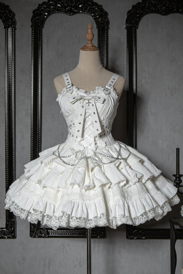 Lolita Jumper Skirt - Covenant Cross, 6 Colors, Layered, Lace-Up, Cross Detail - S White / M White / L White option