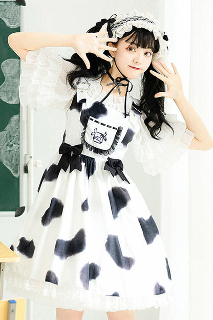 Lolita Jumper Skirt - Cow Pattern Print, White, Sweet Style, Bow Detail, Ruffled - additional product view 2